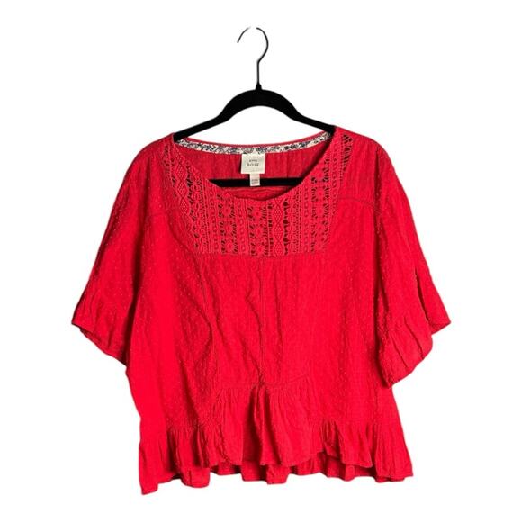 Knox Rose Red Pin Dot Short Sleeve Blouse Crochet Detailing Size XXL - Picture 1 of 6